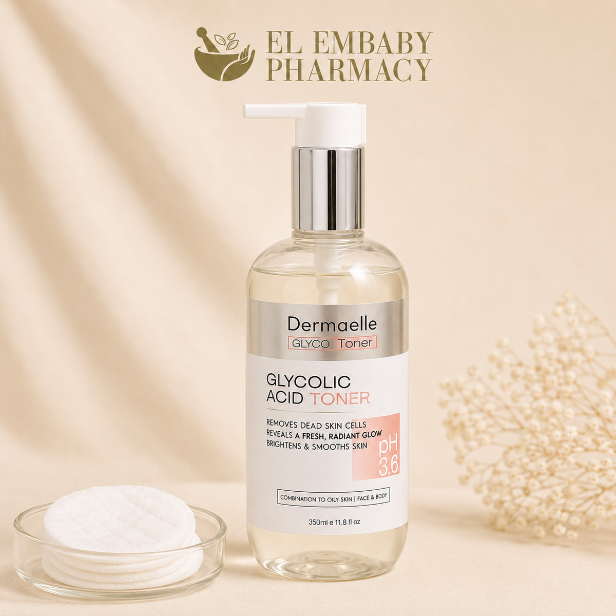 Dermaelle Glycolic Acid Toner pH 3.6 350ml - cotton pad position - ELEMBABY Pharmacy