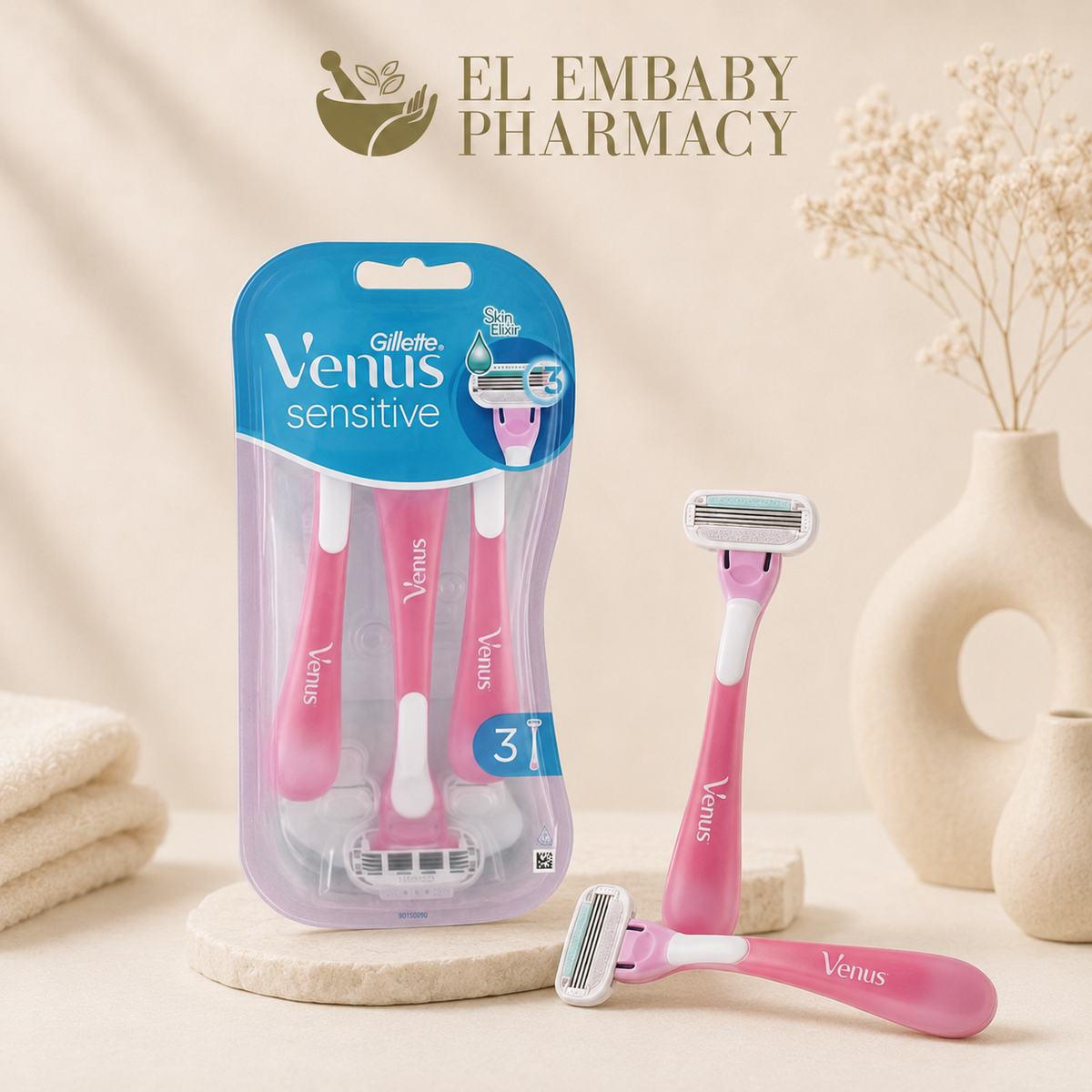 Gillette Venus Sensitive Disposable Razors 3 Pack - lifestyle composition - ELEMBABY Pharmacy