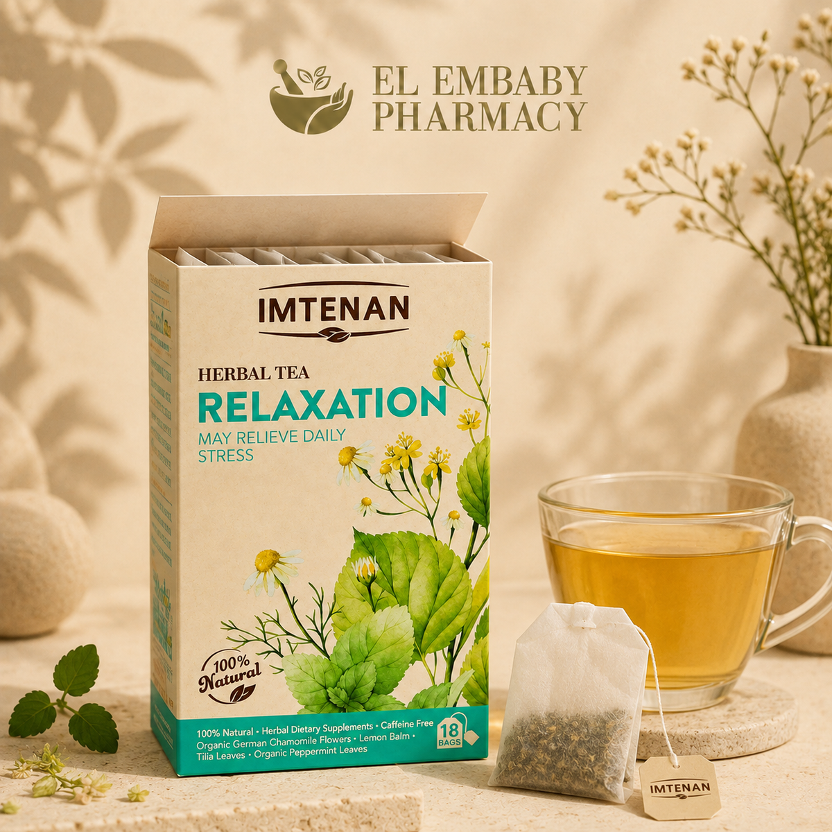 Imtenan Relaxation Herbal Tea open box and serving