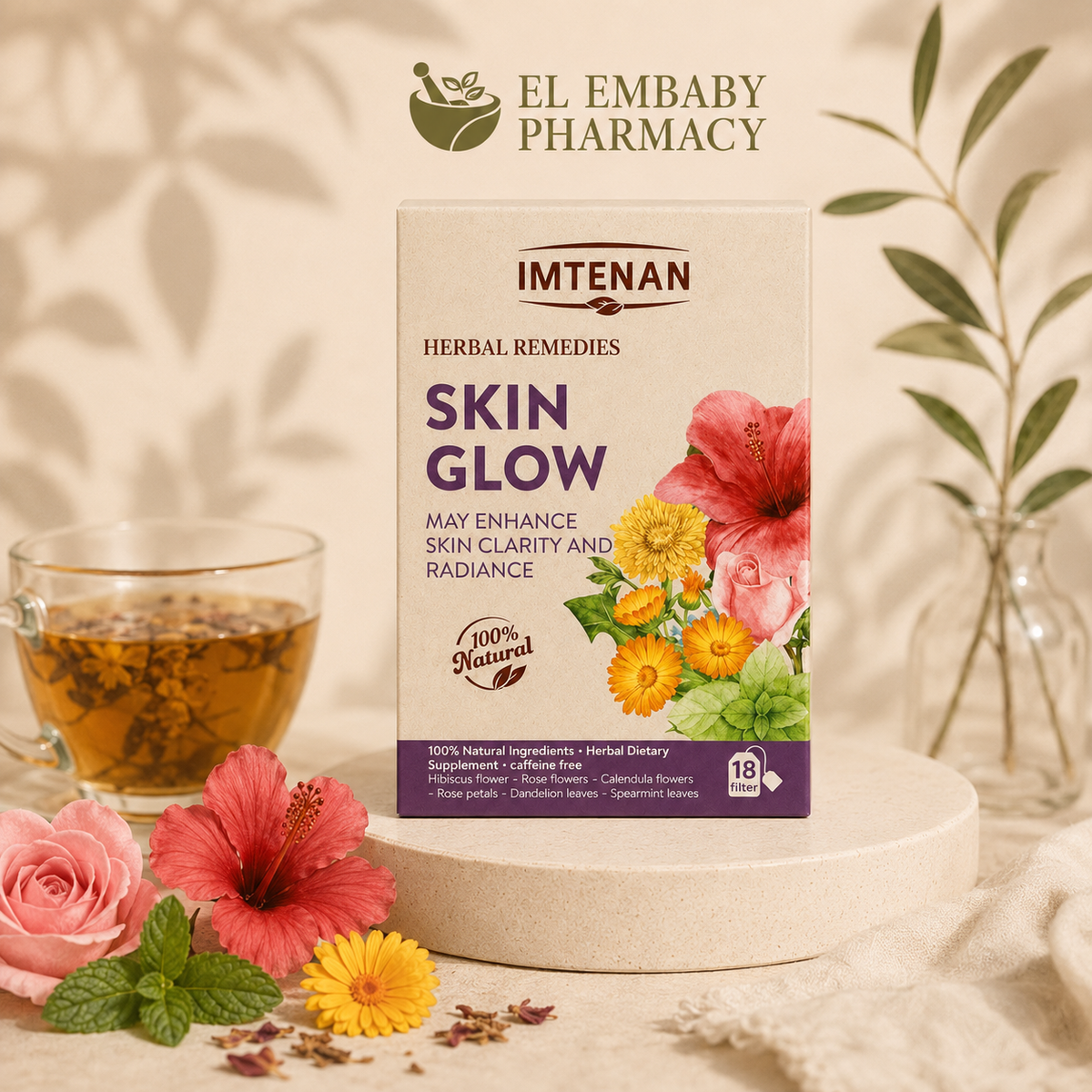 Imtenan Herbal Remedies Skin Glow herbal tea serving