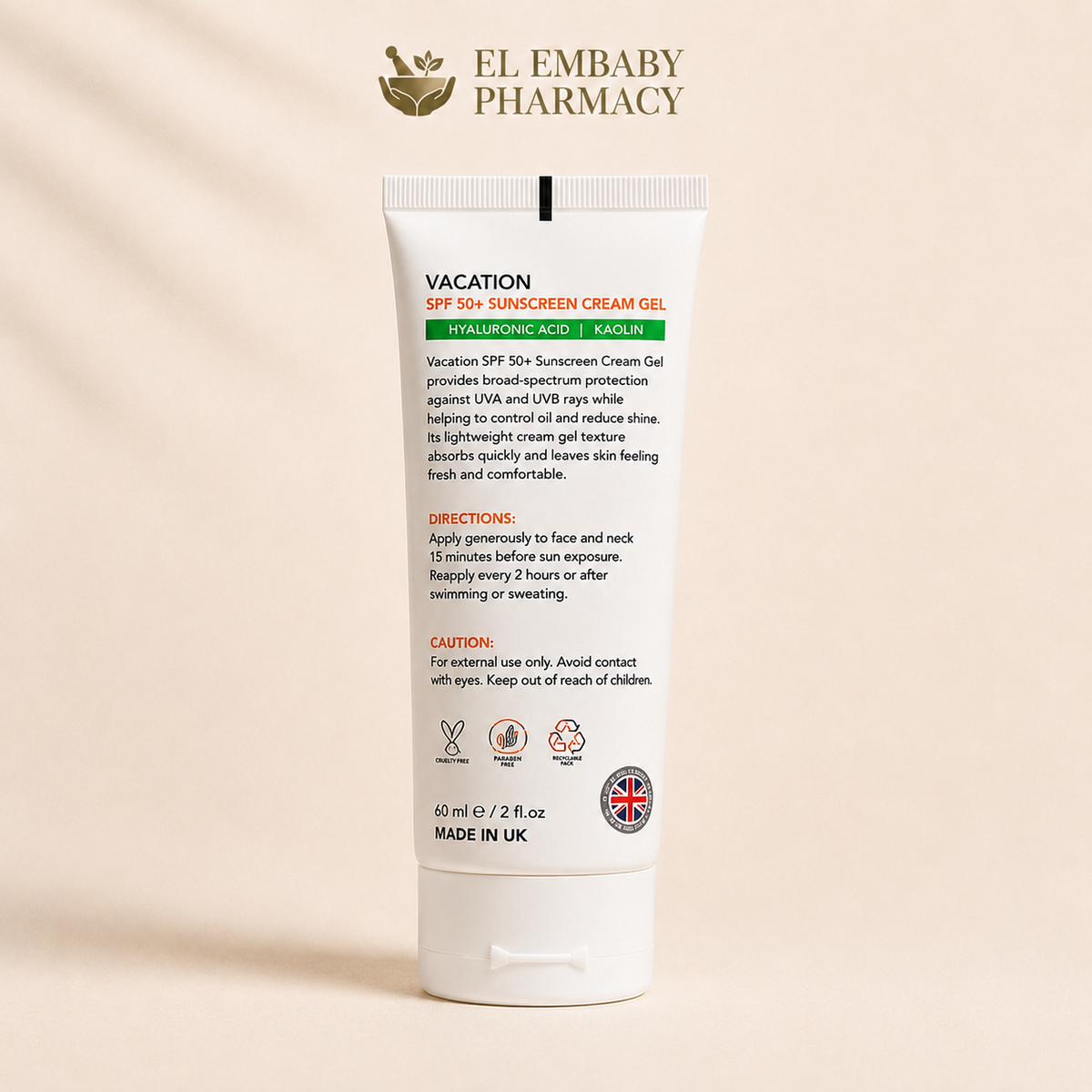 Vacation SPF 50+ Sunscreen Cream Gel 60ml back view - EL EMBABY Pharmacy