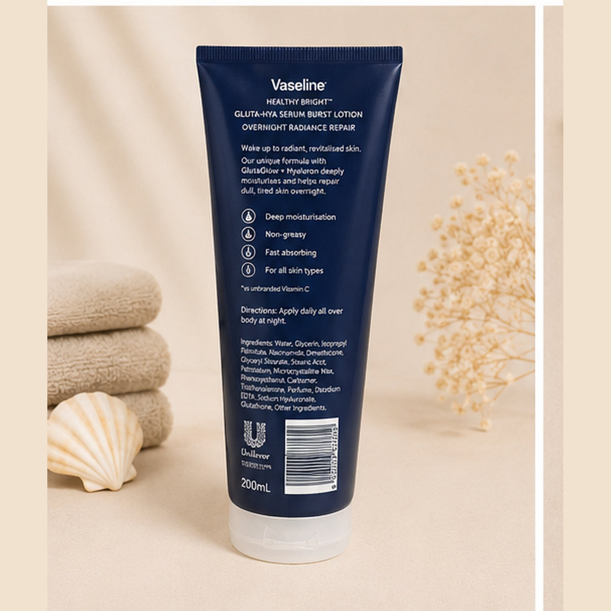 Vaseline Healthy Bright Gluta-Hya Serum Burst Lotion Overnight Radiance Repair 200ml - back view - ELEMBABY Pharmacy