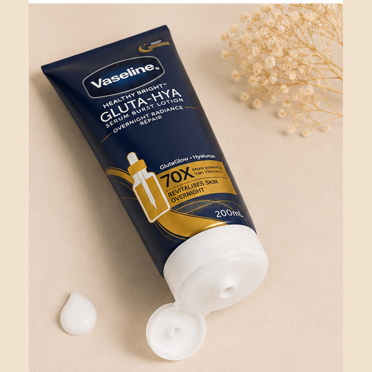 Vaseline Healthy Bright Gluta-Hya Serum Burst Lotion Overnight Radiance Repair 200ml - open cap view - ELEMBABY Pharmacy