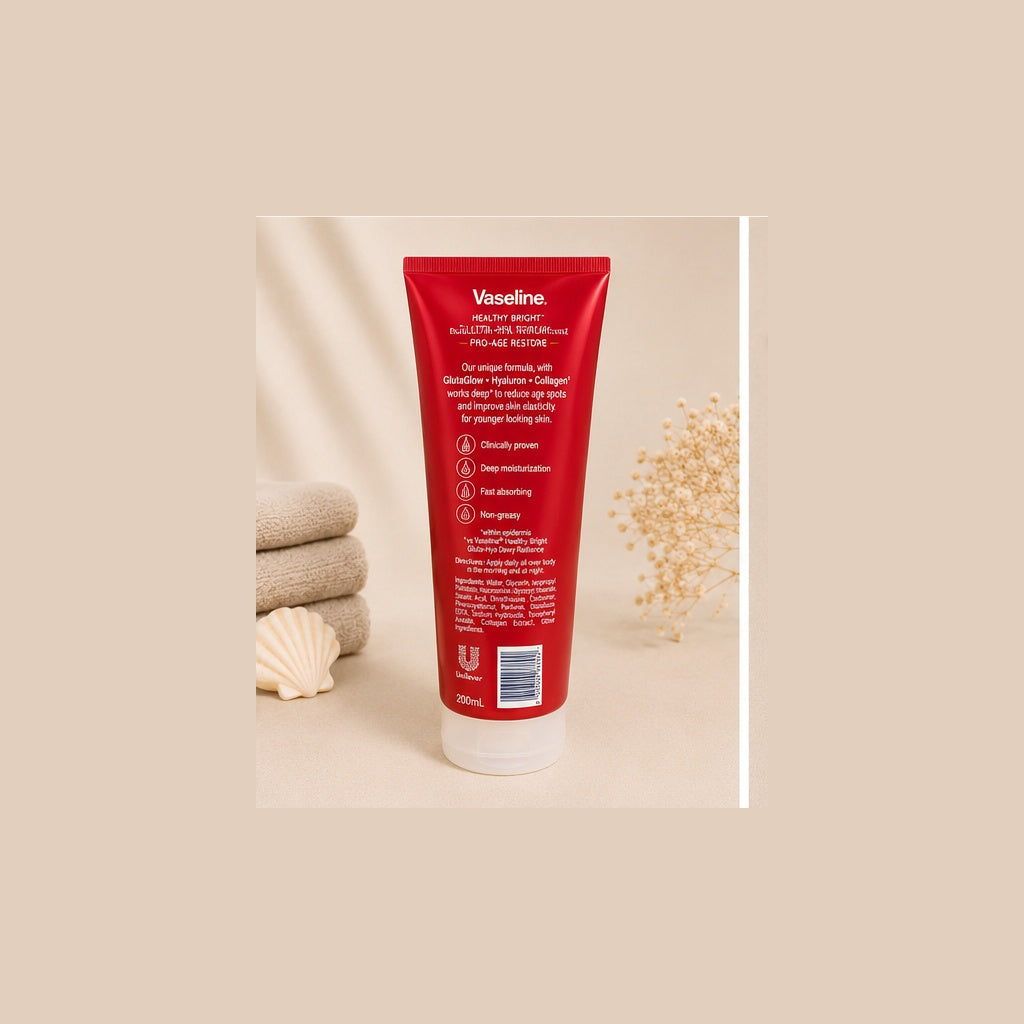 Vaseline Healthy Bright Gluta-Hya Serum Burst Lotion Pro-Age Restore 200ml - back view - ELEMBABY Pharmacy