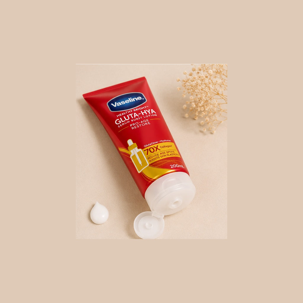 Vaseline Healthy Bright Gluta-Hya Serum Burst Lotion Pro-Age Restore 200ml - open cap view - ELEMBABY Pharmacy
