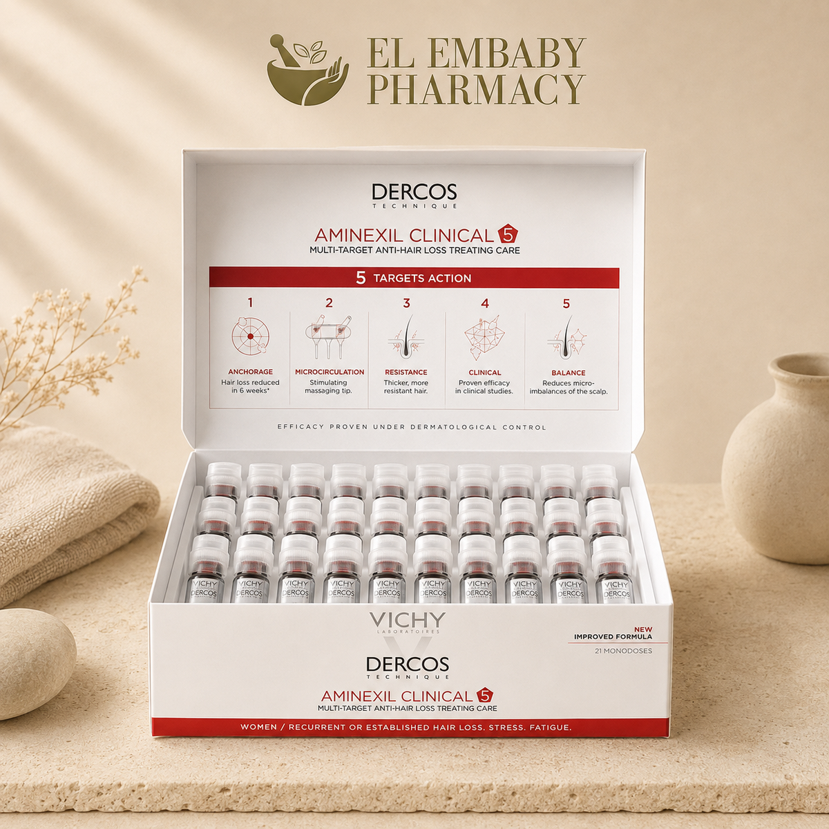 Vichy Dercos Aminexil Clinical 5 Women 21 Monodoses open pack - EL EMBABY Pharmacy