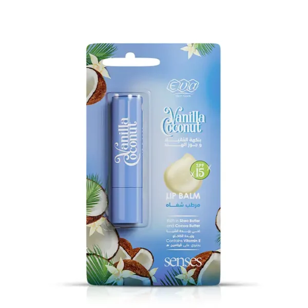 Eva Skin Care Senses Lip Balm Vanilla Coconut Flavor with Vitamin E, Shea & Cocoa Butter for Dry & Cracked Lips SPF15