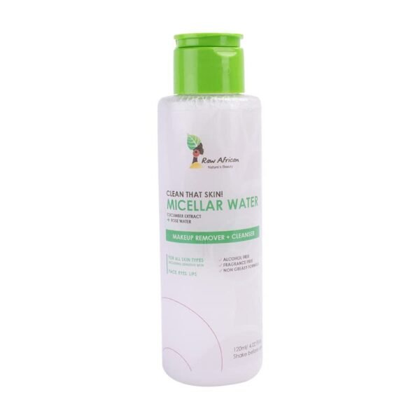Raw African Non-Greasy Makeup Removing & Cleansing Micellar Water with Cucumber Extract & Rose Water for All Skin Types - alcohol free, fragrance free, cruelty free 120 ML