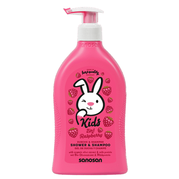 Sanosan Kids 2in1 Shower & Shampoo Gel Raspberry Scent with Organic Olive Oil Extract & Milk Protein - microplastics free, SLS free, SLES free 400 ML